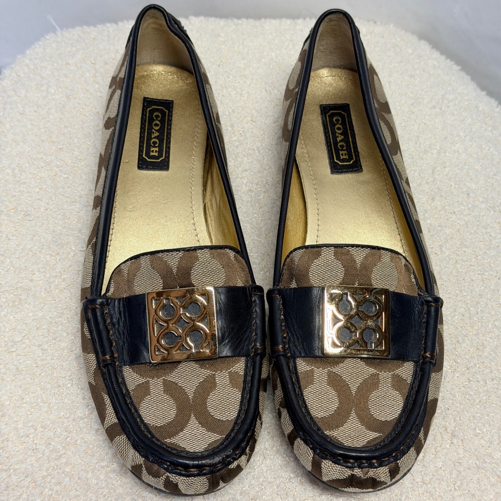 Coach Signature Monogram Jacquard Leather Trim Loafers Brown Gold Buckle Flats
